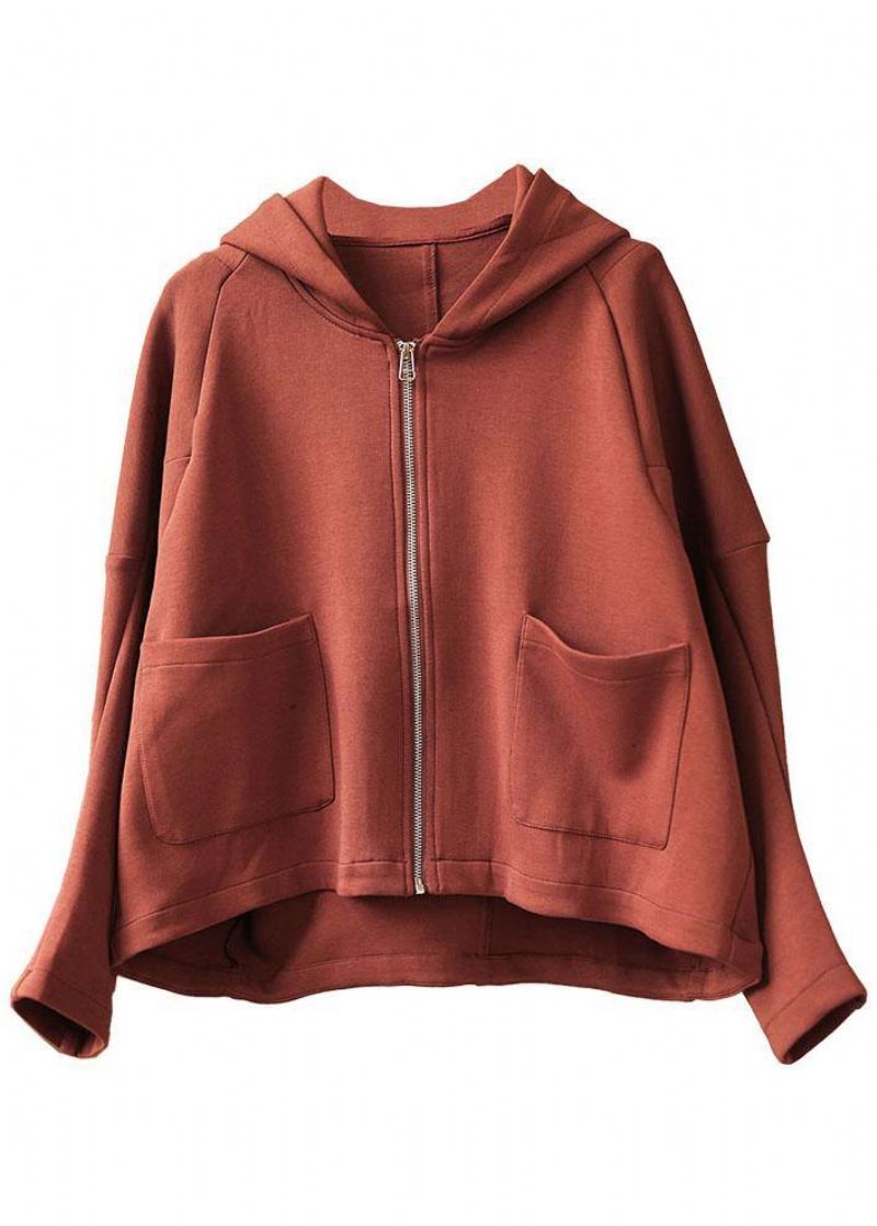 Nye Brick Red Hette Med Glidelås Lommer Fall Sweatshirts Topp - Vinterfrakker for kvinner