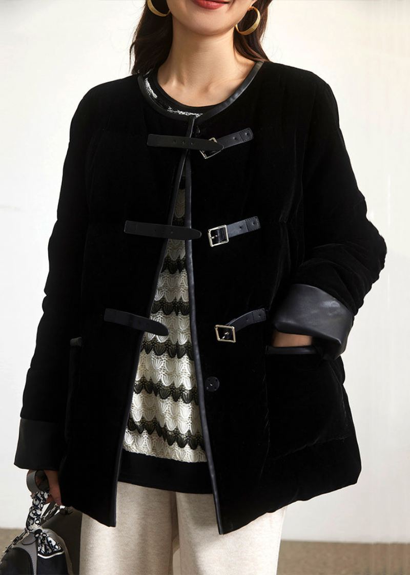 Nye Svarte Knappelommer Patchwork Duck Down Coats Langermet