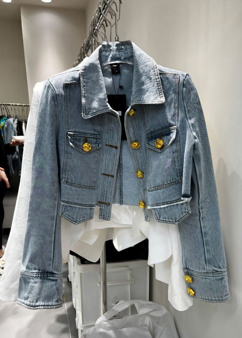 Nyhet Denim Blå Peter Pan Krage Patchwork Button Coats Langermet