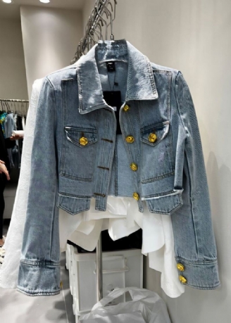 Nyhet Denim Blå Peter Pan Krage Patchwork Button Coats Langermet