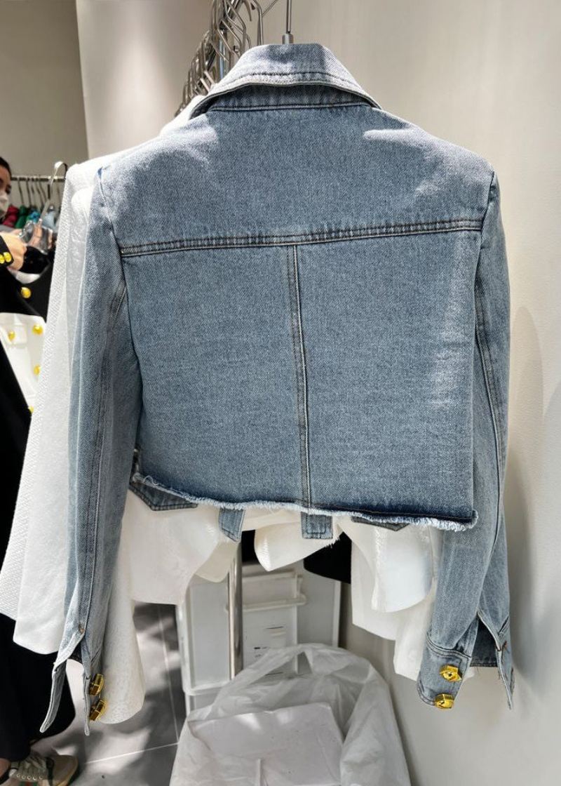 Nyhet Denim Blå Peter Pan Krage Patchwork Button Coats Langermet - Vinterfrakker for kvinner