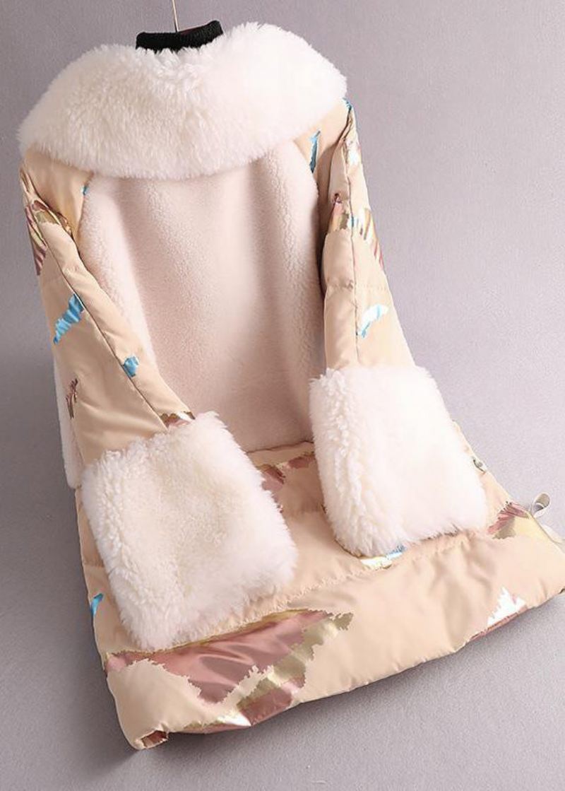 Nyhet Hvit Notched Print Ull Patchwork Button Duck Down Coat Vinter - Vinterfrakker for kvinner