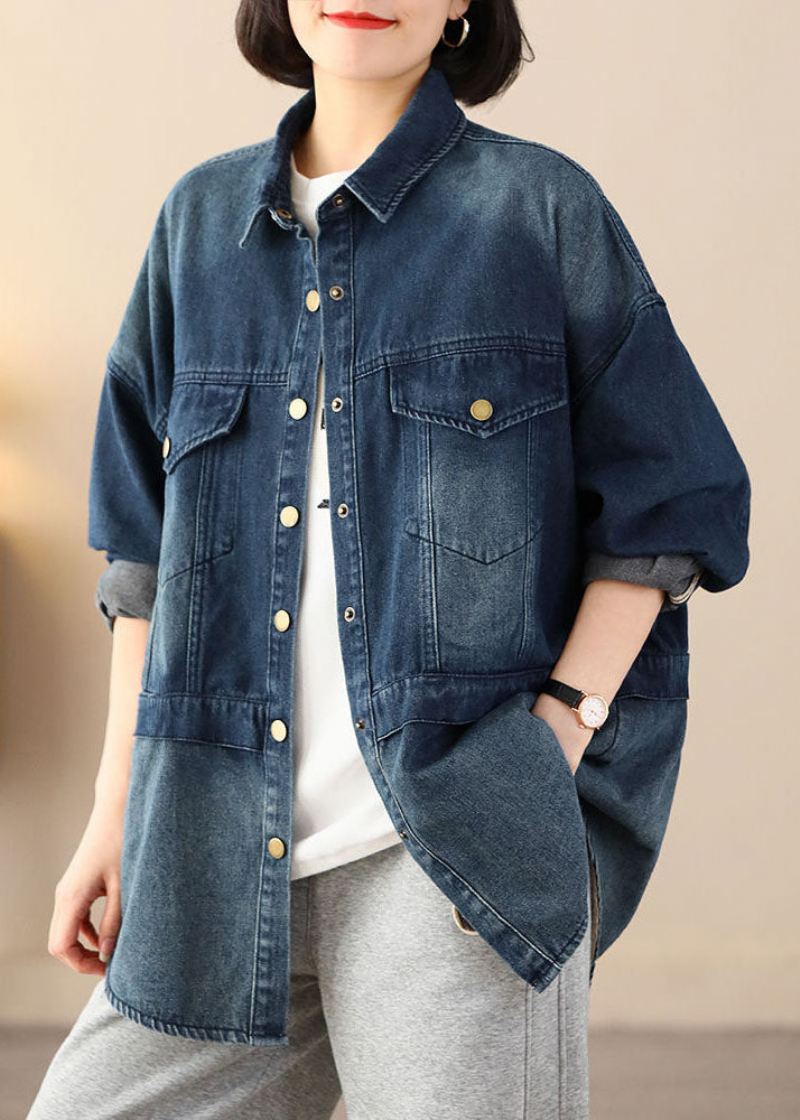 Økologisk Blå Oversized Patchwork Lommer Bomull Denim Coats Spring