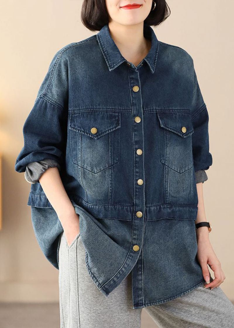 Økologisk Blå Oversized Patchwork Lommer Bomull Denim Coats Spring - Vinterfrakker for kvinner