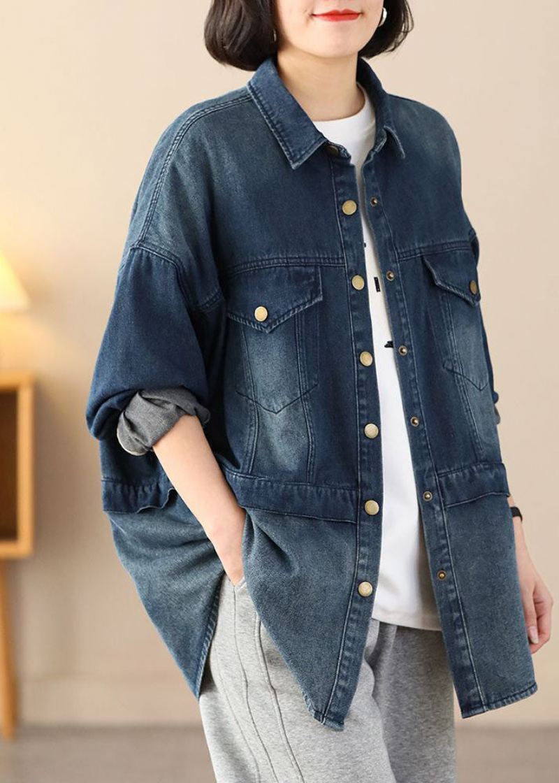 Økologisk Blå Oversized Patchwork Lommer Bomull Denim Coats Spring - Vinterfrakker for kvinner