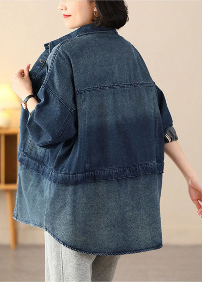 Økologisk Blå Oversized Patchwork Lommer Bomull Denim Coats Spring - Vinterfrakker for kvinner