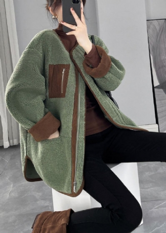 Økologisk Grønn Oversized Patchwork Faux Fur Teddy Coat Vinter