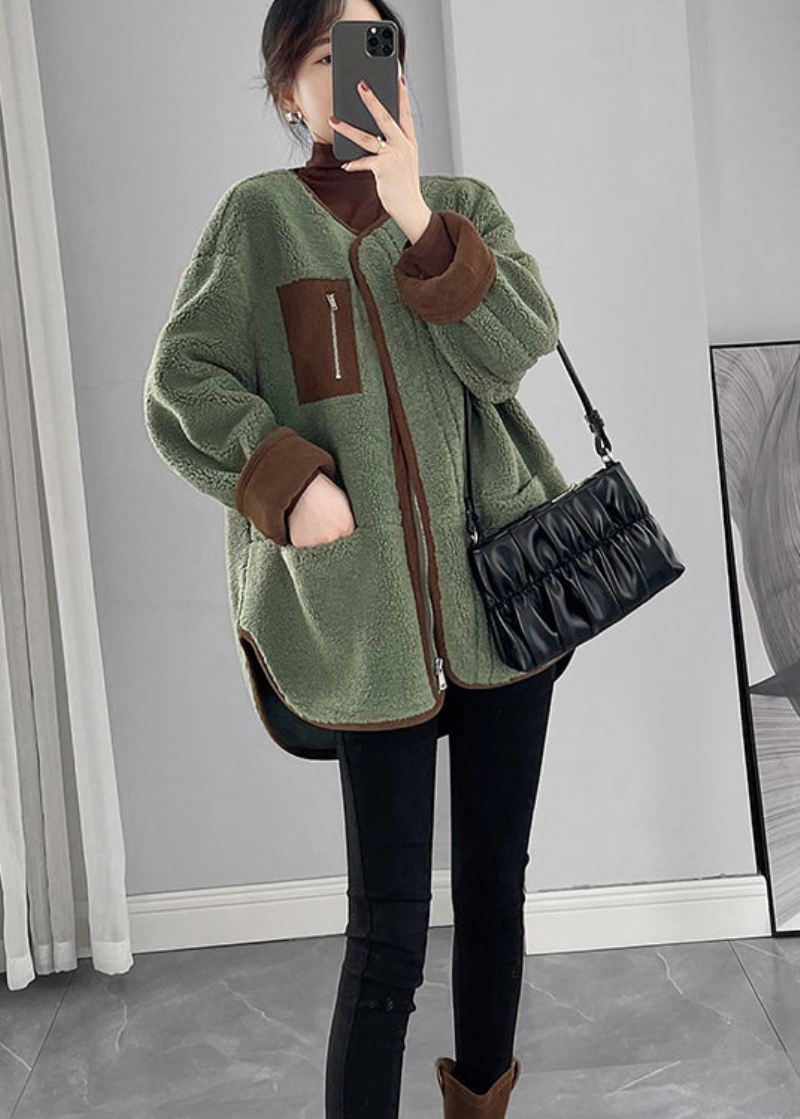 Økologisk Grønn Oversized Patchwork Faux Fur Teddy Coat Vinter - Vinterfrakker for kvinner