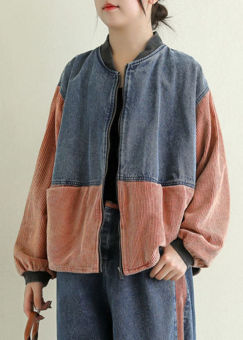 Oransje Lommer Patchwork Corduroy Denimjakke Zip Up Spring