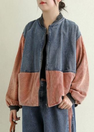 Oransje Lommer Patchwork Corduroy Denimjakke Zip Up Spring