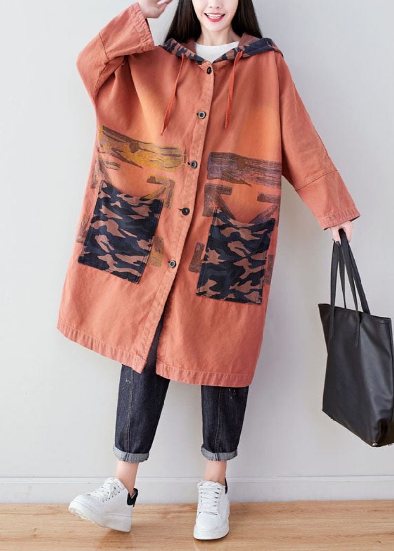 Oransje Lommer Patchwork Print Cotton Hoodie Coat Spring