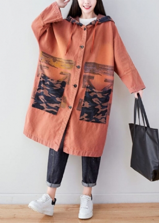 Oransje Lommer Patchwork Print Cotton Hoodie Coat Spring