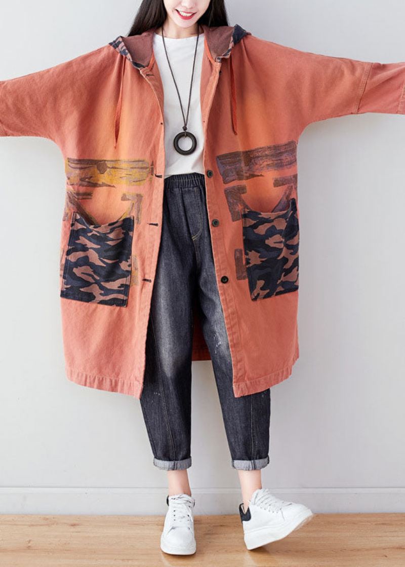 Oransje Lommer Patchwork Print Cotton Hoodie Coat Spring - Vinterfrakker for kvinner