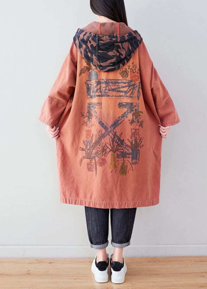 Oransje Lommer Patchwork Print Cotton Hoodie Coat Spring - Vinterfrakker for kvinner