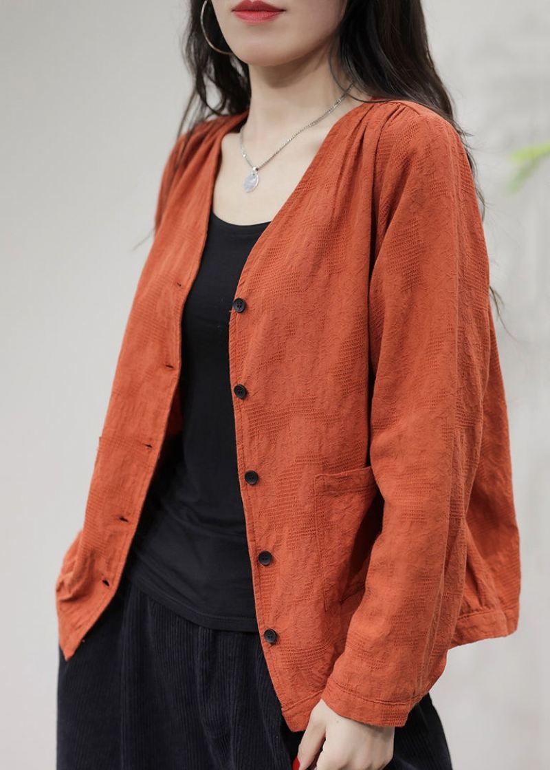 Oransje Lommer Solid Cotton Coat Coats V Neck Fall - Vinterfrakker for kvinner