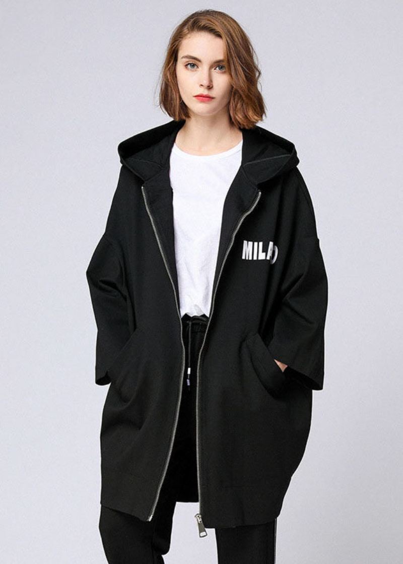 Organic Black Letter Glidelås Hette Lommer Fall Long Coat