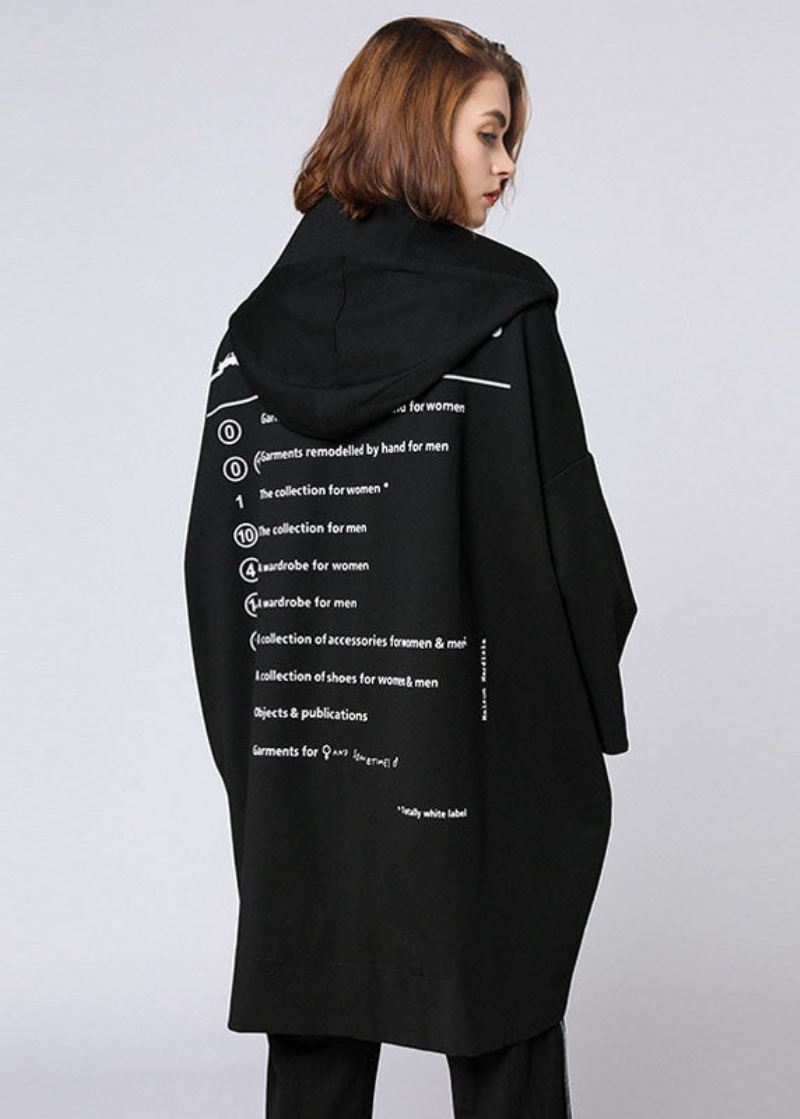 Organic Black Letter Glidelås Hette Lommer Fall Long Coat - Vinterfrakker for kvinner