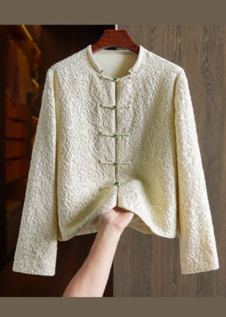 Original Design Beige Gul Jacquard Button Patchwork Silk Coats Høst