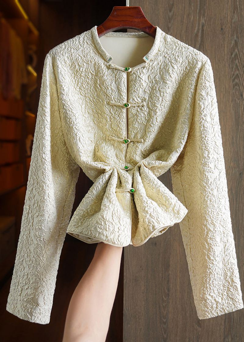 Original Design Beige Gul Jacquard Button Patchwork Silk Coats Høst - Vinterfrakker for kvinner