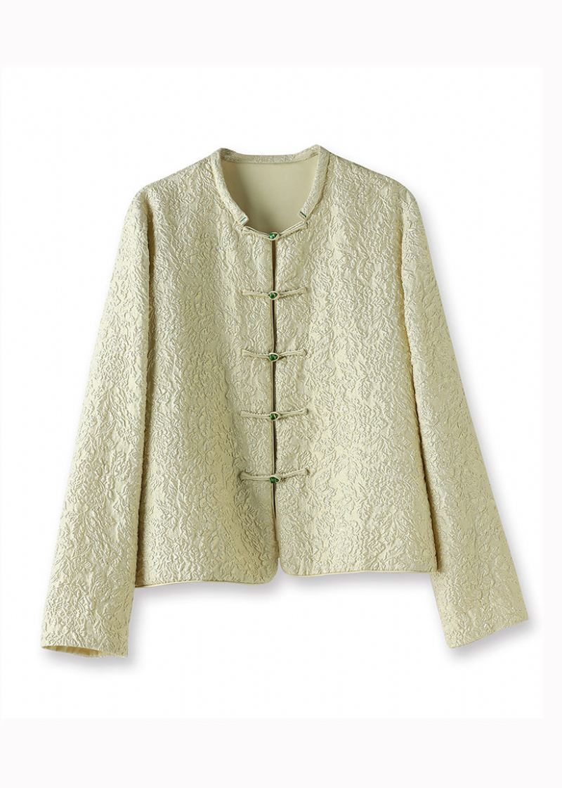 Original Design Beige Gul Jacquard Button Patchwork Silk Coats Høst - Vinterfrakker for kvinner