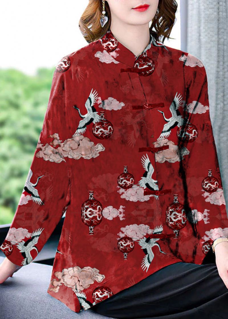 Original Red-crane Mandarin Collar Button Floral Print Silke Coats Langermet