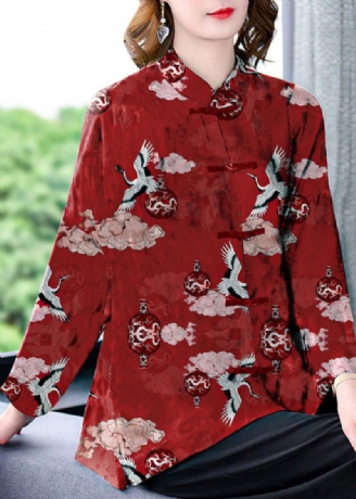 Original Red-crane Mandarin Collar Button Floral Print Silke Coats Langermet