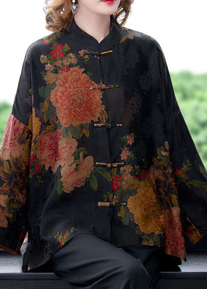 Original Red-crane Mandarin Collar Button Floral Print Silke Coats Langermet - Vinterfrakker for kvinner