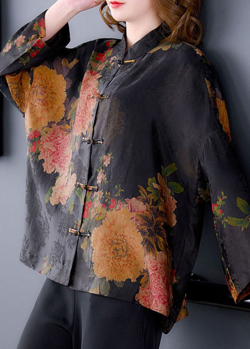 Original Red-crane Mandarin Collar Button Floral Print Silke Coats Langermet - Vinterfrakker for kvinner