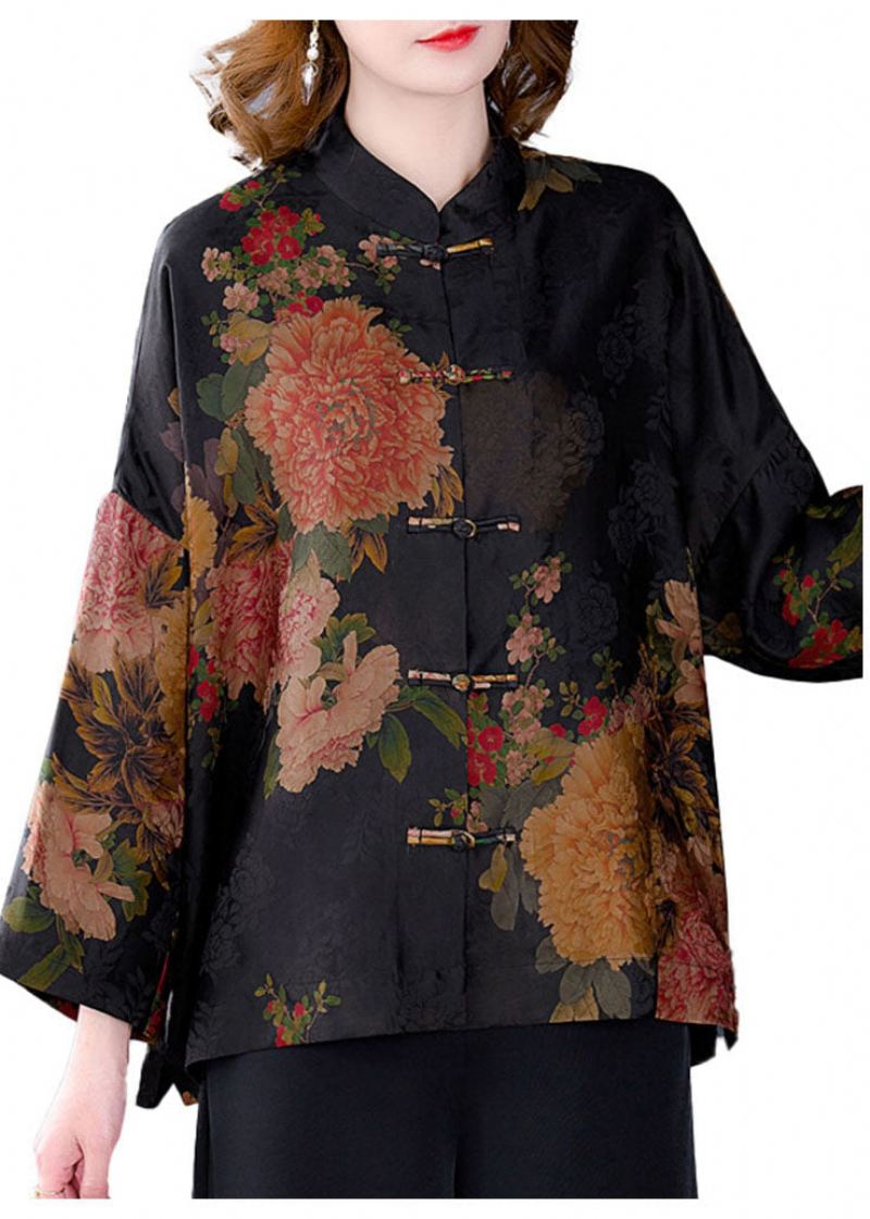 Original Red-crane Mandarin Collar Button Floral Print Silke Coats Langermet - Vinterfrakker for kvinner