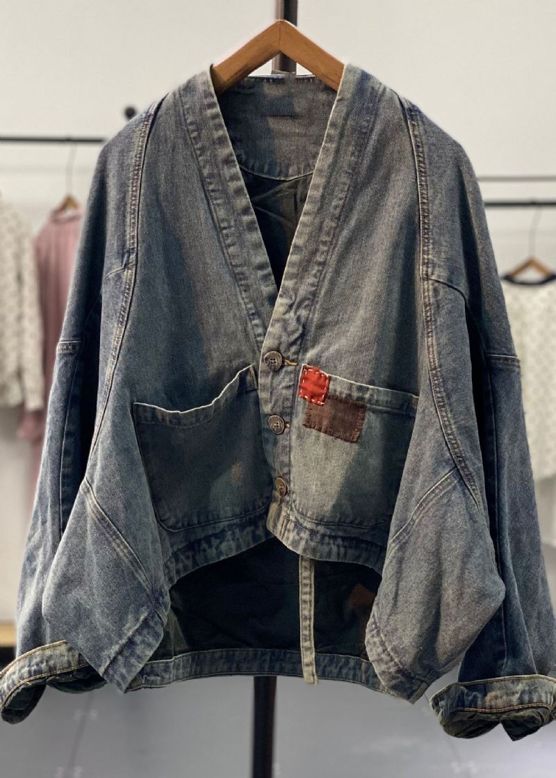 Originale Retro Blå Asymmetrisk Patch Flaggermus Ermer Denim Kåper