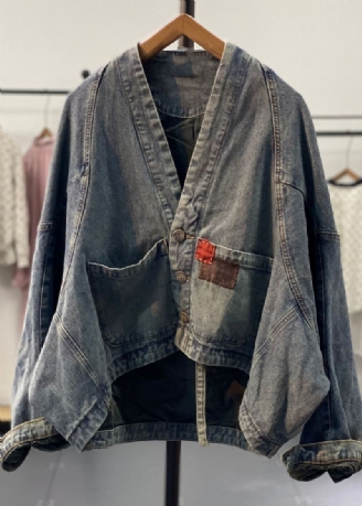 Originale Retro Blå Asymmetrisk Patch Flaggermus Ermer Denim Kåper