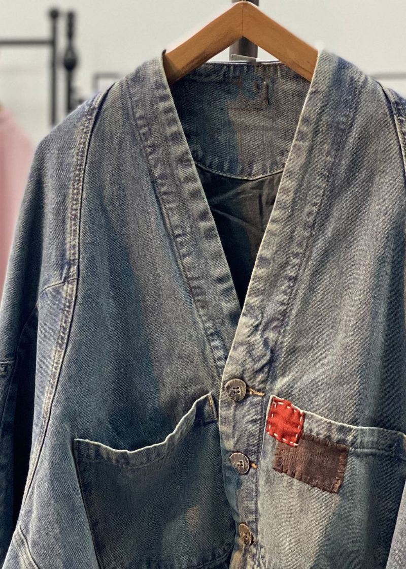 Originale Retro Blå Asymmetrisk Patch Flaggermus Ermer Denim Kåper - Vinterfrakker for kvinner