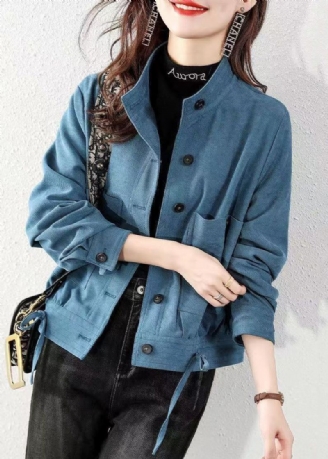 Peacock Blue Lommer Patchwork Cotton Coats Stand Krage Fall