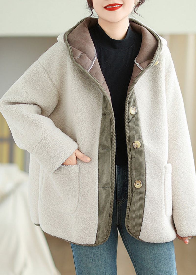 Plus Size Aprikos Hettelommer Patchwork Faux Fur Varm Fleece Coat Vinter