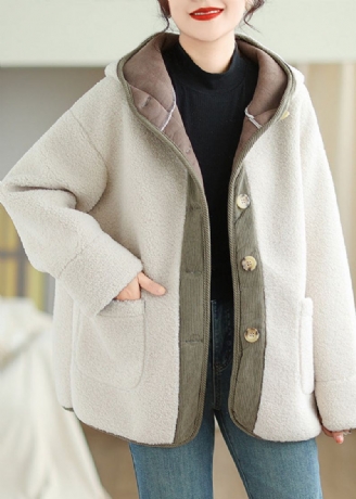 Plus Size Aprikos Hettelommer Patchwork Faux Fur Varm Fleece Coat Vinter