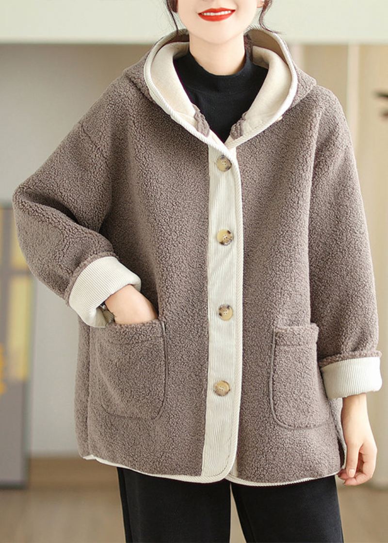 Plus Size Aprikos Hettelommer Patchwork Faux Fur Varm Fleece Coat Vinter - Vinterfrakker for kvinner