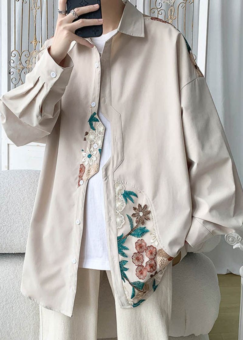 Plus Size Beige Brodert Button Coton Nøytral Coats Spring