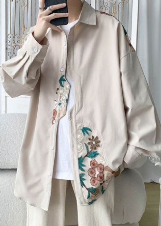 Plus Size Beige Brodert Button Coton Nøytral Coats Spring