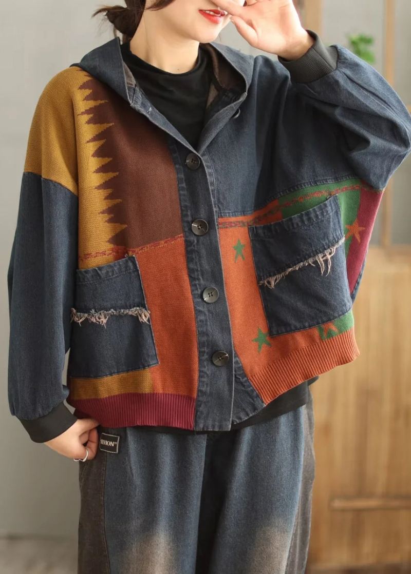 Plus Size Blå Hettelommer Patchwork Denim Coat Spring