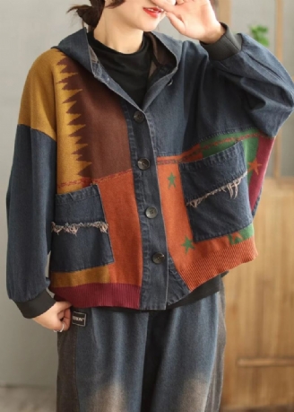 Plus Size Blå Hettelommer Patchwork Denim Coat Spring