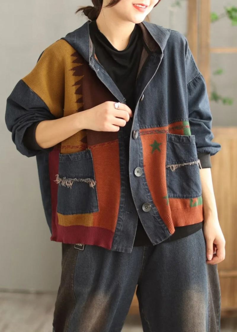 Plus Size Blå Hettelommer Patchwork Denim Coat Spring - Vinterfrakker for kvinner