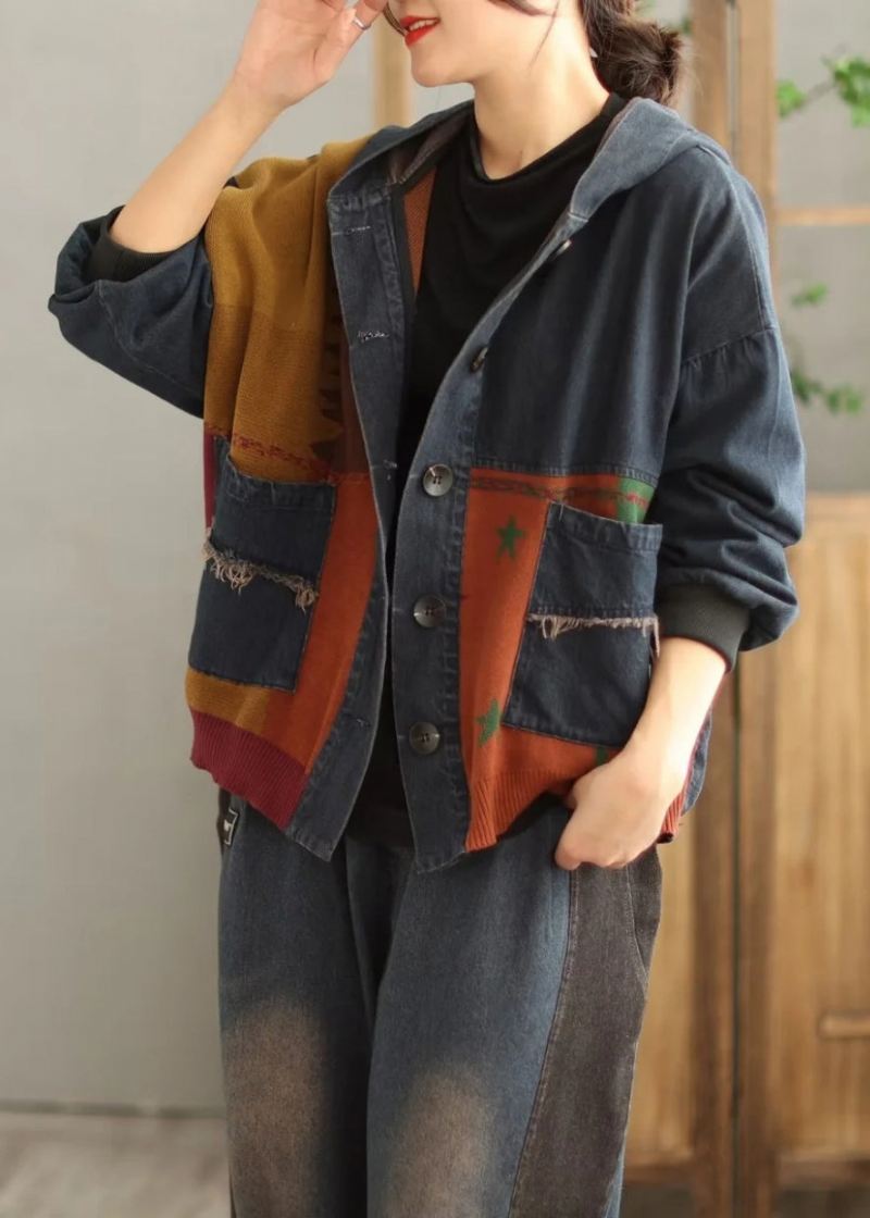 Plus Size Blå Hettelommer Patchwork Denim Coat Spring - Vinterfrakker for kvinner