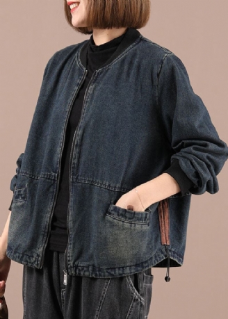 Plus Size Blå Løse Glidelåslommer Fall Denim Langermede Jakker