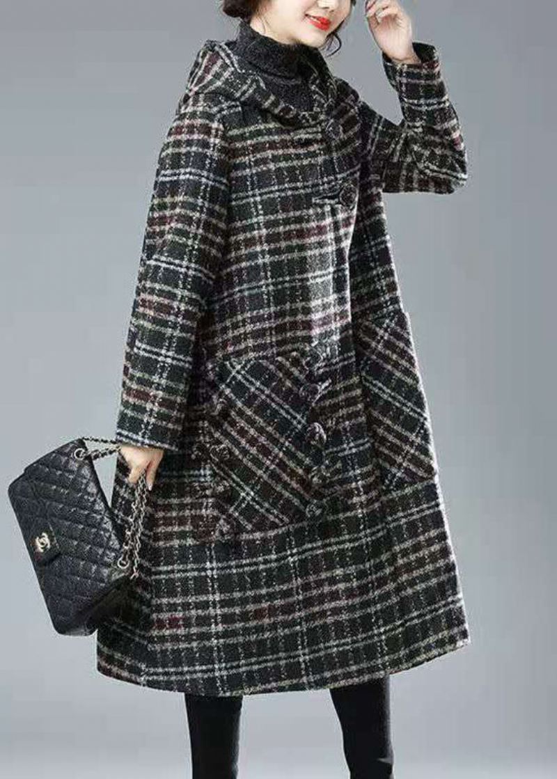 Plus Size Black Chocolate Plaid Hettelommer Tykke Ullgraver Vinter - Svart Kaffe Pledd