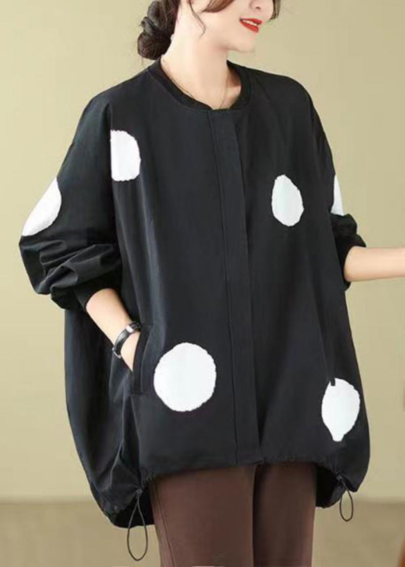 Plus Size Black Dot Zip Up Snøring Cotton Coat Langermet