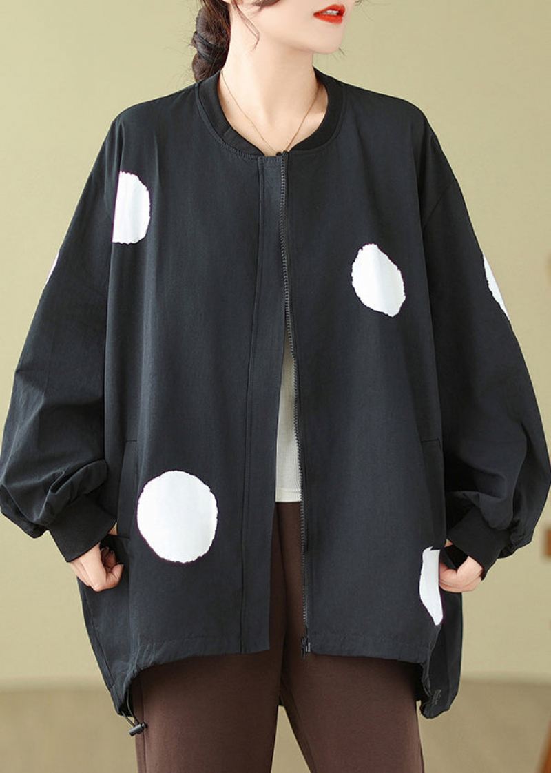 Plus Size Black Dot Zip Up Snøring Cotton Coat Langermet - Vinterfrakker for kvinner