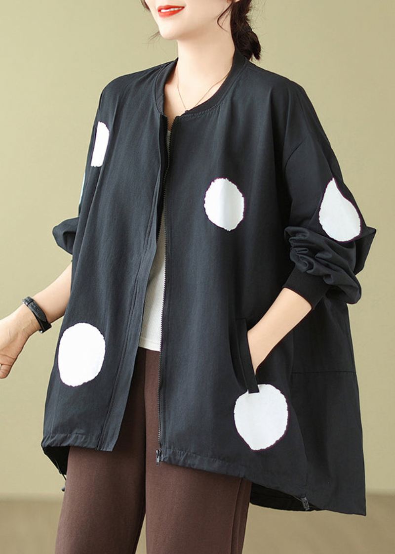 Plus Size Black Dot Zip Up Snøring Cotton Coat Langermet - Vinterfrakker for kvinner