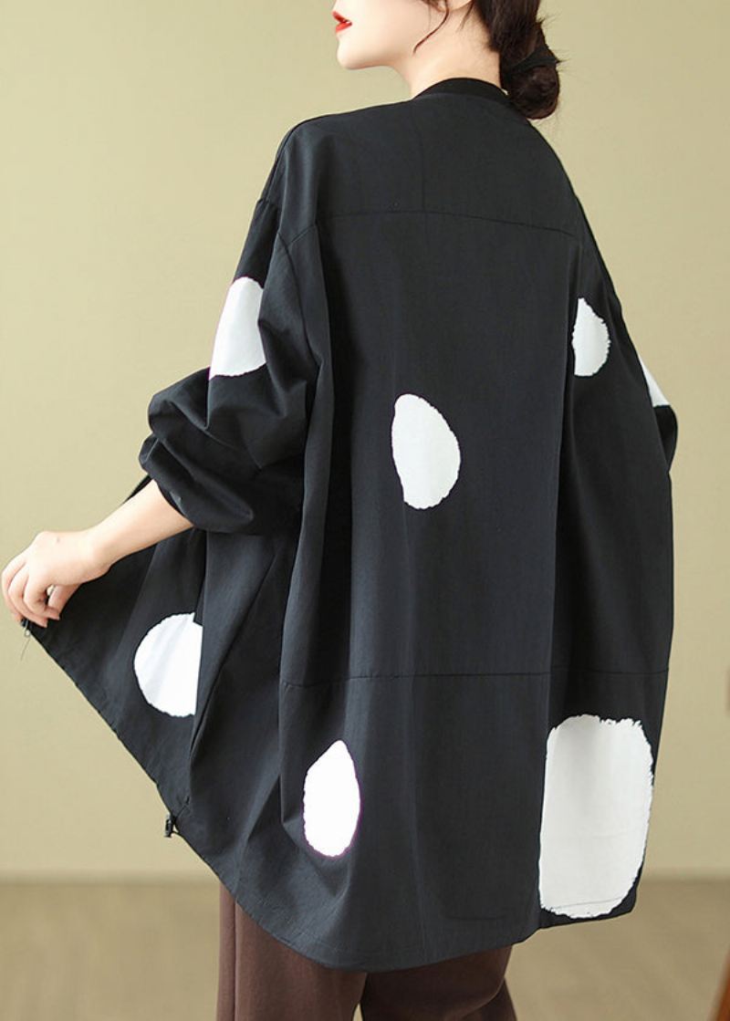 Plus Size Black Dot Zip Up Snøring Cotton Coat Langermet - Vinterfrakker for kvinner