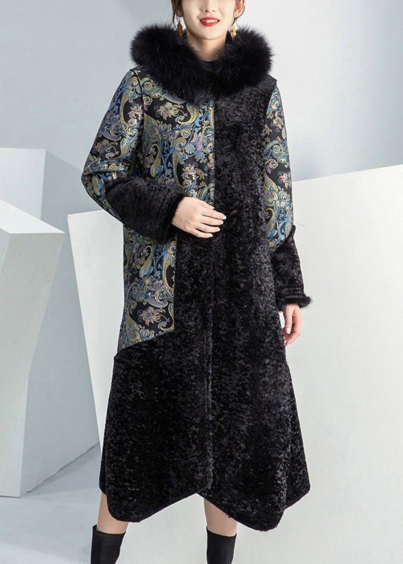 Plus Size Black Fox Krage Patchwork Slitasje På Begge Sider Cashmere Coat Vinter - Vinterfrakker for kvinner