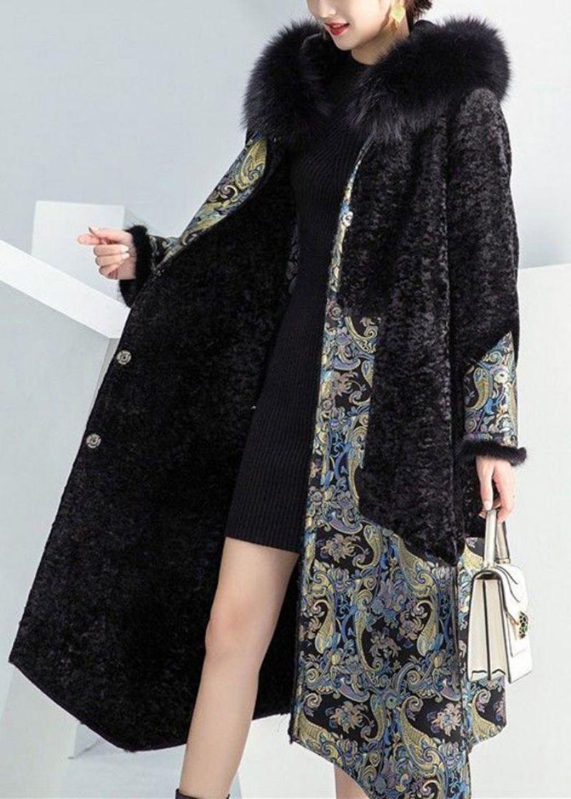 Plus Size Black Fox Krage Patchwork Slitasje På Begge Sider Cashmere Coat Vinter - Vinterfrakker for kvinner